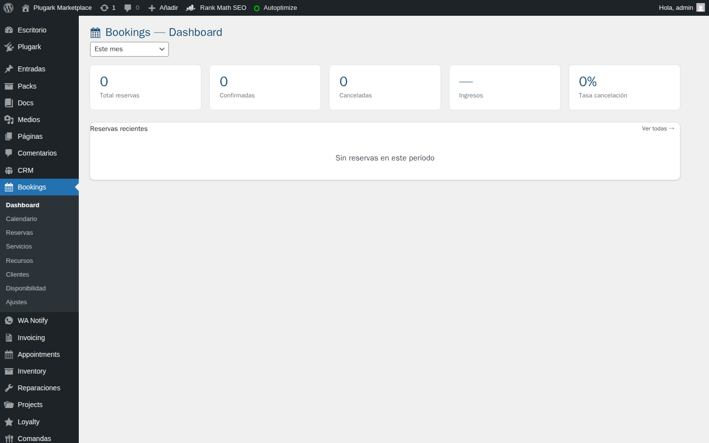 Dashboard de reservas Plugark con calendario visual