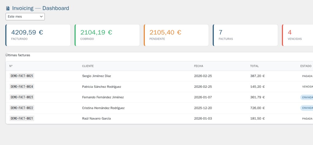 Captura de pantalla de Facturación para WordPress — Cumplimiento Fiscal España