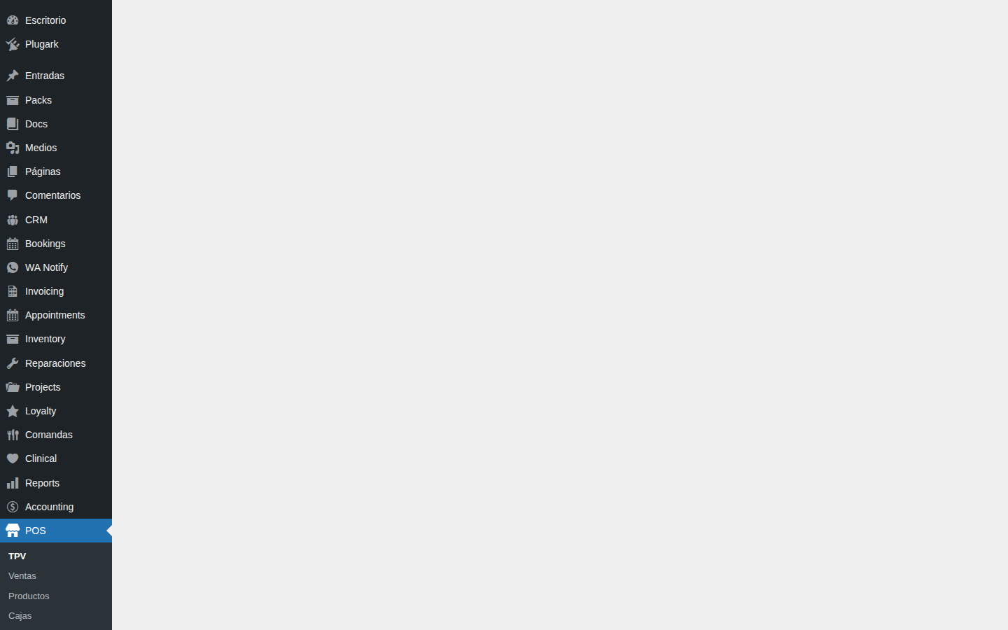 Dashboard del TPV Plugark para punto de venta en WordPress