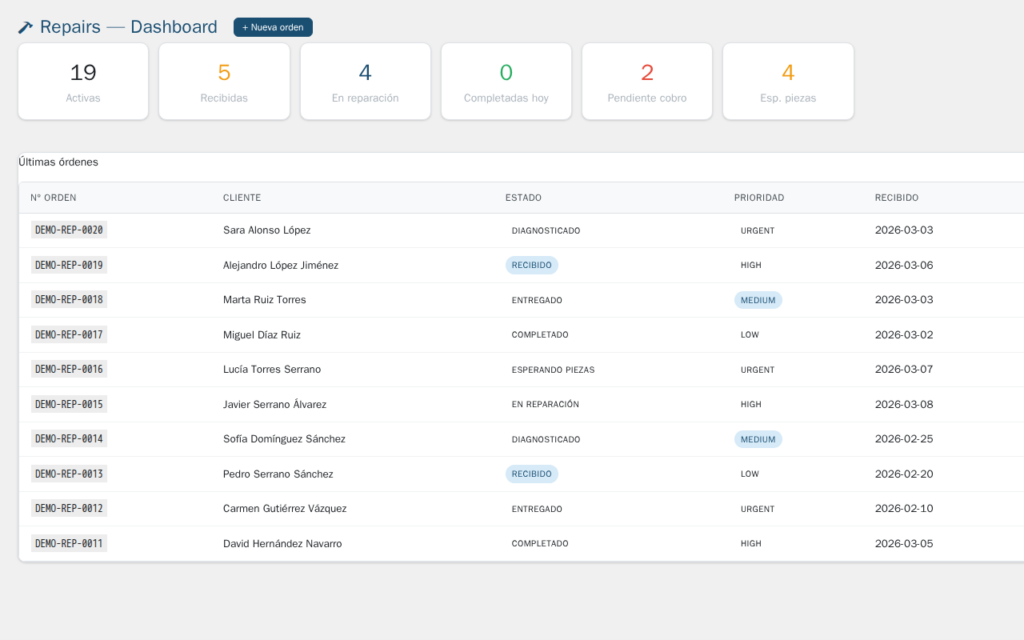Captura de pantalla de Gestión de Reparaciones para WordPress