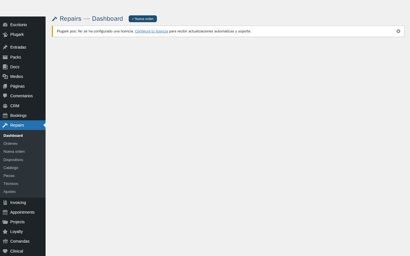 Dashboard del plugin Plugark Repairs con KPIs en tiempo real