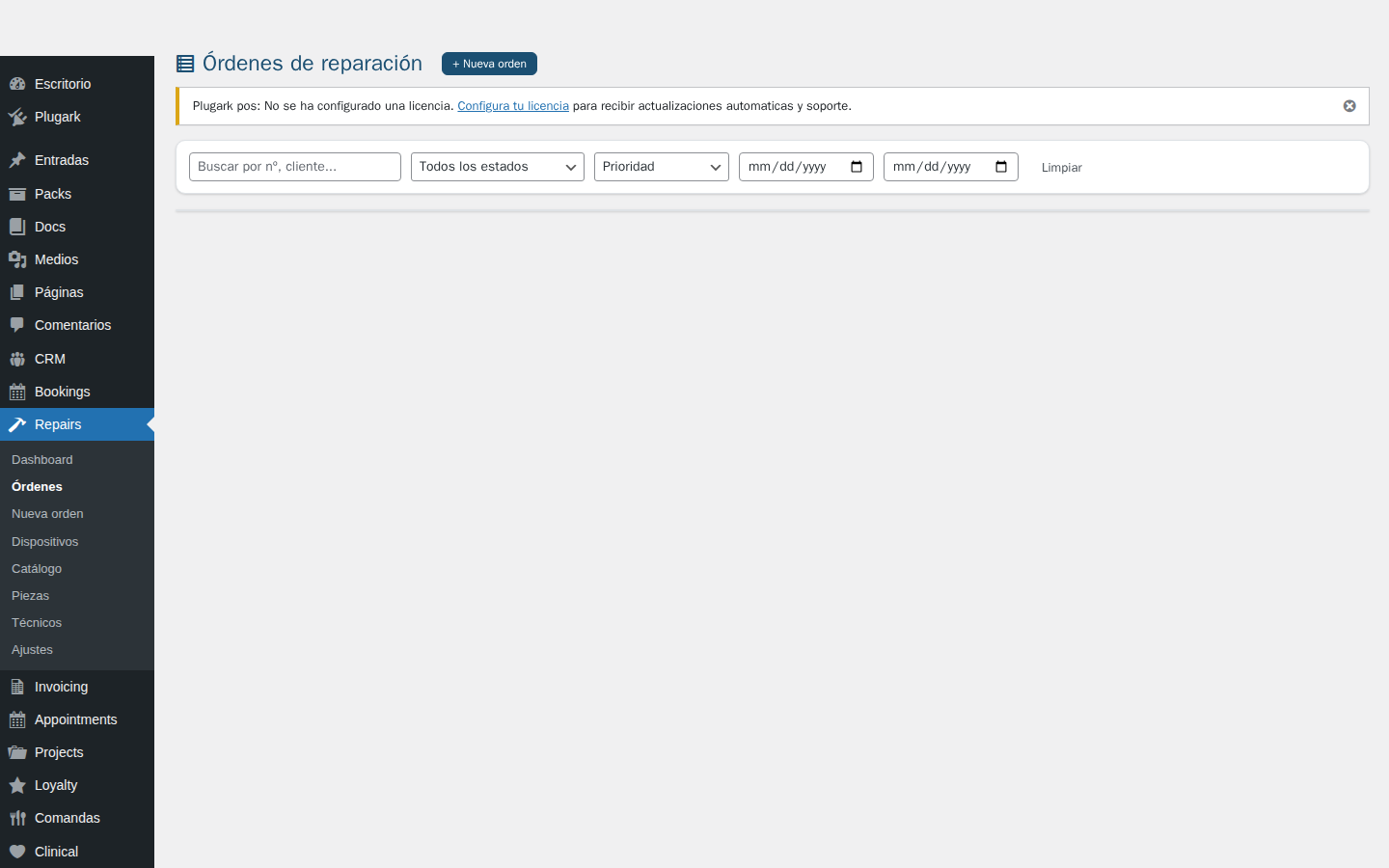 Lista de órdenes de reparación con estados de flujo de trabajo