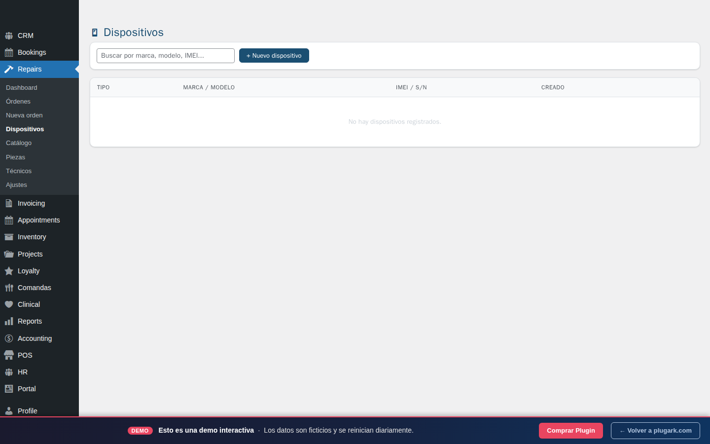 Gestión de dispositivos y catálogo en Plugark Repairs