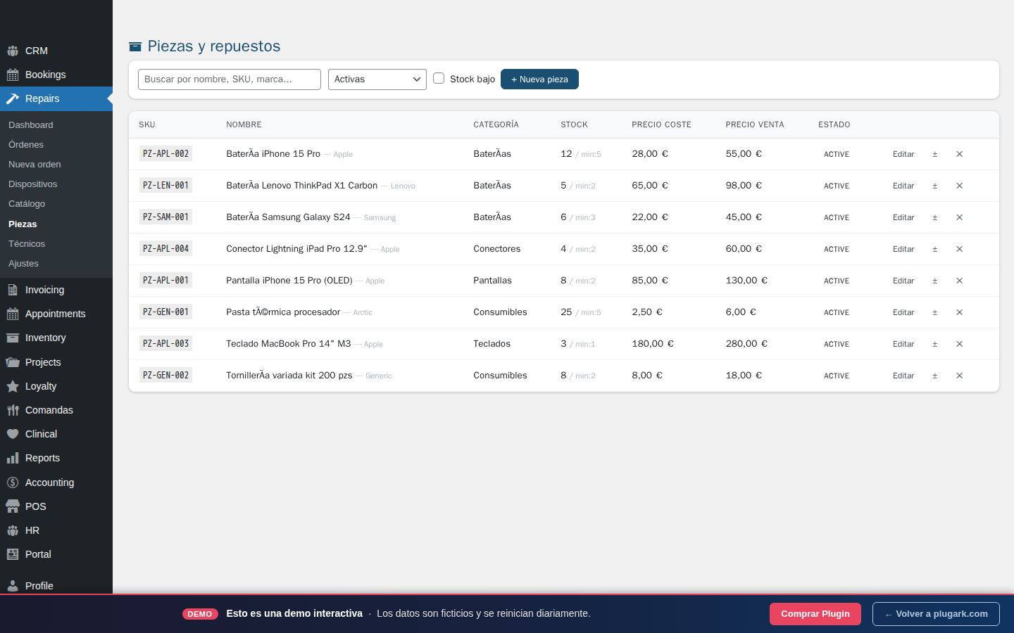 Inventario de piezas y repuestos en Plugark Repairs