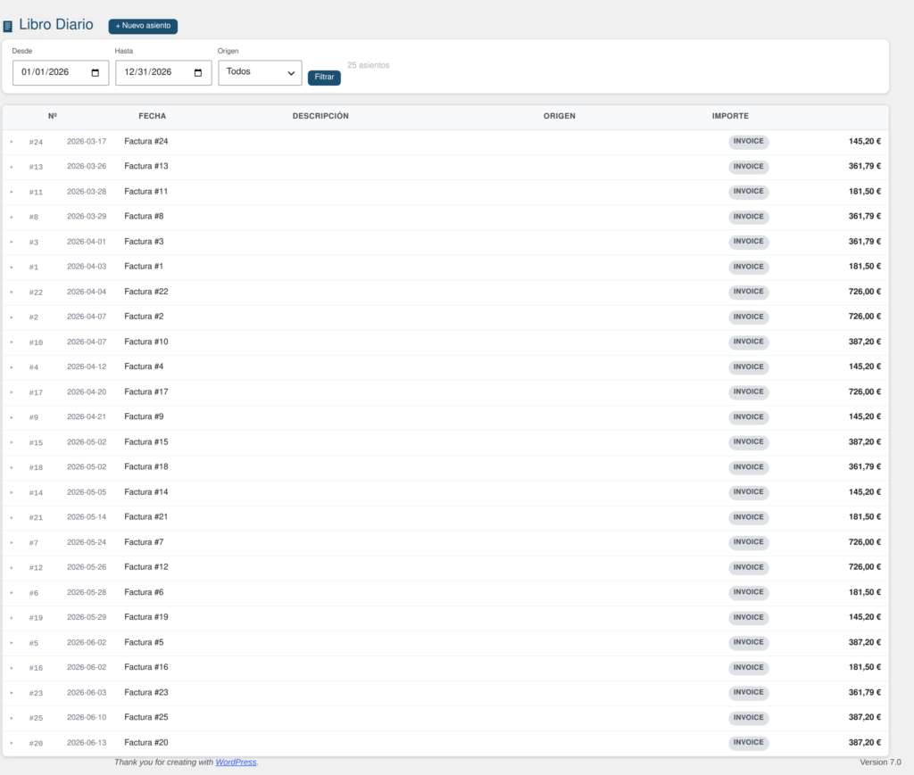 Captura de pantalla de Contabilidad para WordPress