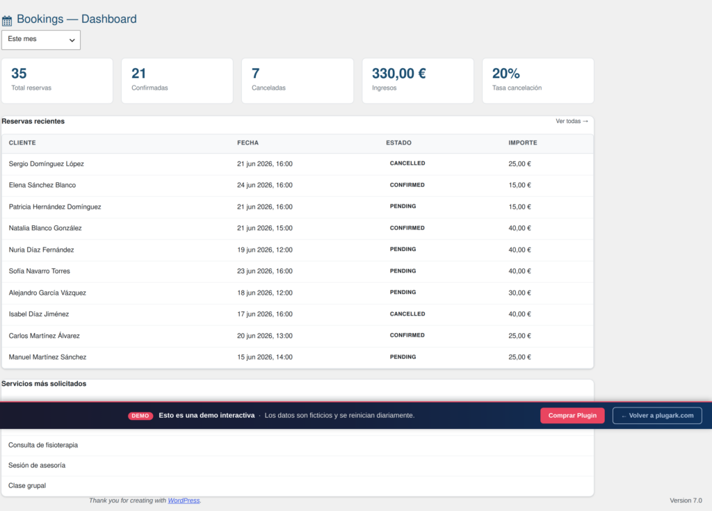 Captura de pantalla de Sistema de Reservas para WordPress