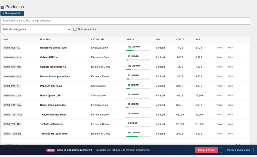 Captura de pantalla de Gestión de Inventario para WordPress