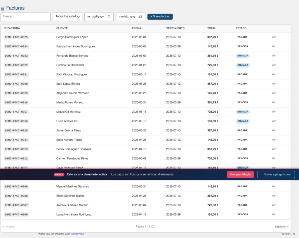 Captura de pantalla de Facturación para WordPress — Cumplimiento Fiscal España