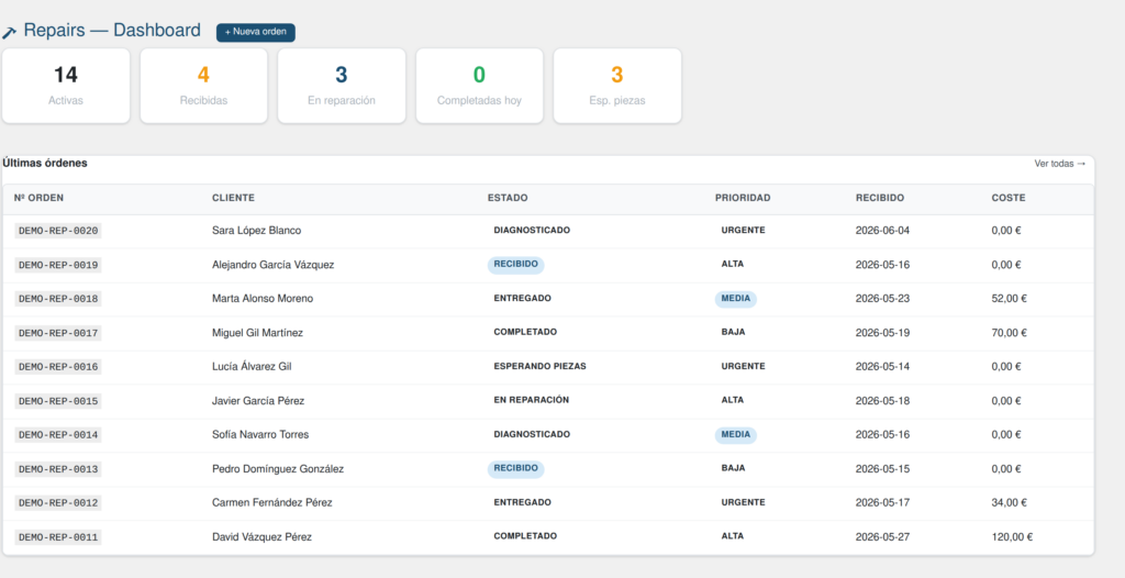 Captura de Gestión de Reparaciones para WordPress